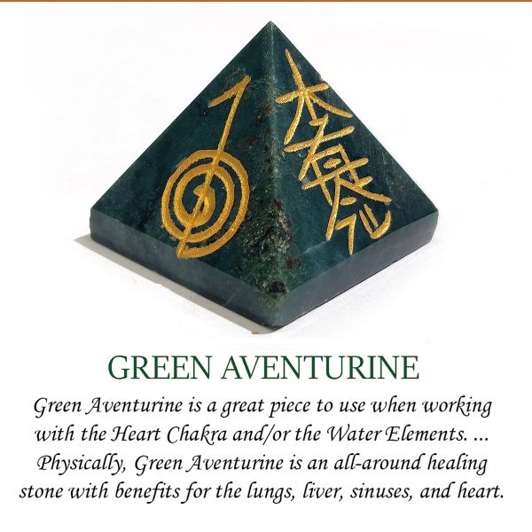 Natural Green Aventurine Reiki Symbol Engraved Pyramid 30 mm