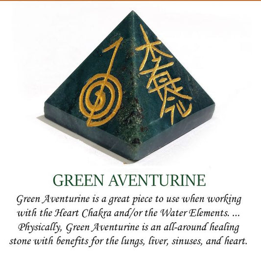 Natural Green Aventurine Reiki Symbol Engraved Pyramid 30 mm