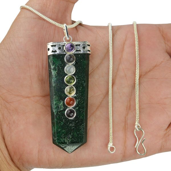 Natural Crystal Stone Flat Stick 7 Chakra Beads Pendant Size 45-50 mm with Metal Chain