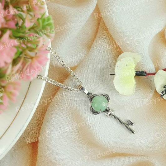 Natural Crystal Stone Key Shape Pendant - Locket with Metal Chain