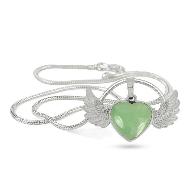 Natural Crystal Stone Angel Wings Heart Shape Pendant - Locket with Metal Chain