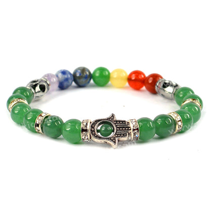 Natural Crystal Stone 7 Chakra Hamsa Charm 8 mm Bracelet