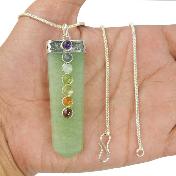 Natural Crystal Stone Flat Stick 7 Chakra Beads Pendant Size 45-50 mm with Metal Chain