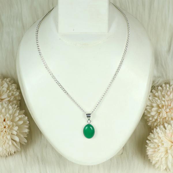 Natural Green Onyx Oval Shape Pendant Locket with Metal Chain for Unisex