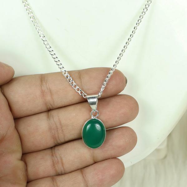 Natural Green Onyx Oval Shape Pendant Locket with Metal Chain for Unisex