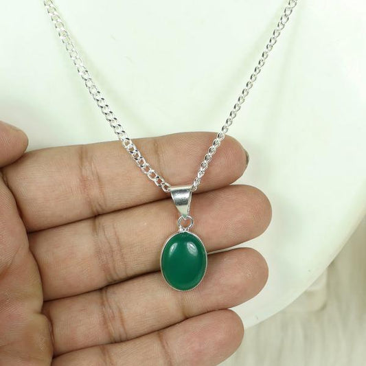 Natural Green Onyx Oval Shape Pendant Locket with Metal Chain for Unisex