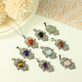 Natural Crystal Stone Hamsa Charm Pendant - Locket with Metal Chain