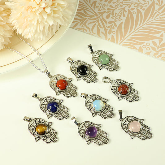 Natural Crystal Stone Hamsa Charm Pendant - Locket with Metal Chain