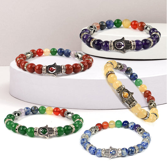 Natural Crystal Stone 7 Chakra Hamsa Charm 8 mm Bracelet