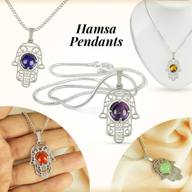 Natural Crystal Stone Hamsa Charm Pendant - Locket with Metal Chain