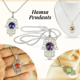 Natural Crystal Stone Hamsa Charm Pendant - Locket with Metal Chain