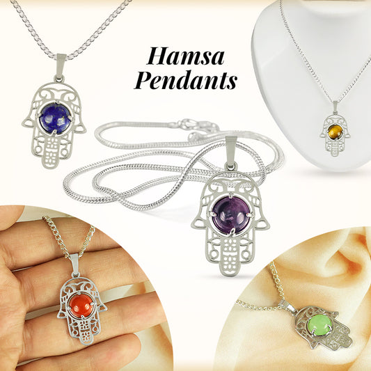 Natural Crystal Stone Hamsa Charm Pendant - Locket with Metal Chain
