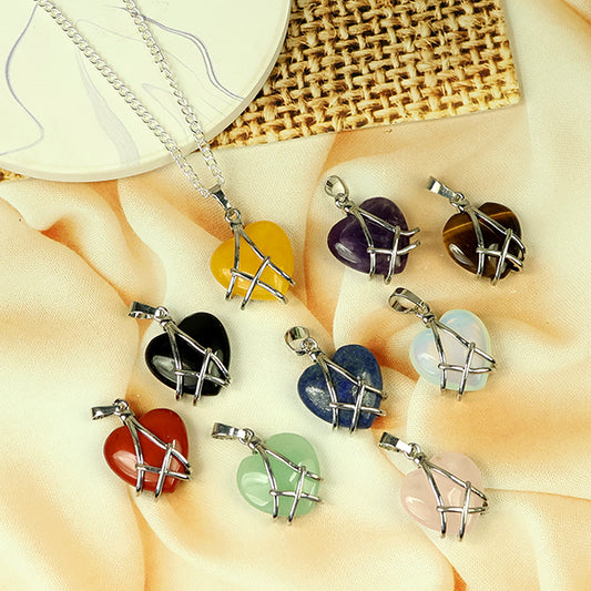 Natural Crystal Stone Heart Shape Pendant - Locket with Metal Chain