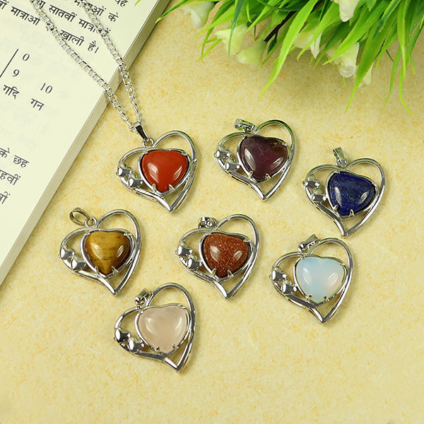 Natural Crystal Stone Heart Shape Metal Pendant - Locket with Metal Chain