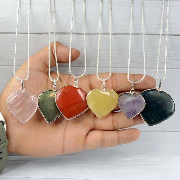 Natural Crystal Stone Heart Shape Pendant Size 30-35 mm with Metal Chain