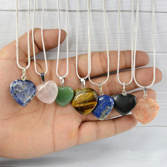 Natural Crystal Stone Heart Shape Pendant Size 15-20 mm with Metal Chain