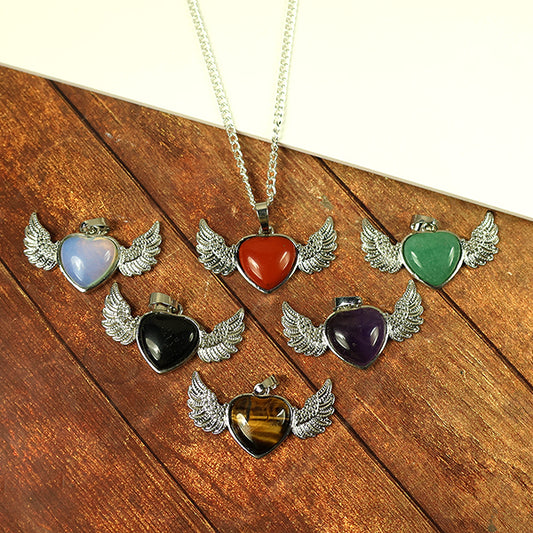 Natural Crystal Stone Angel Wings Heart Shape Pendant - Locket with Metal Chain
