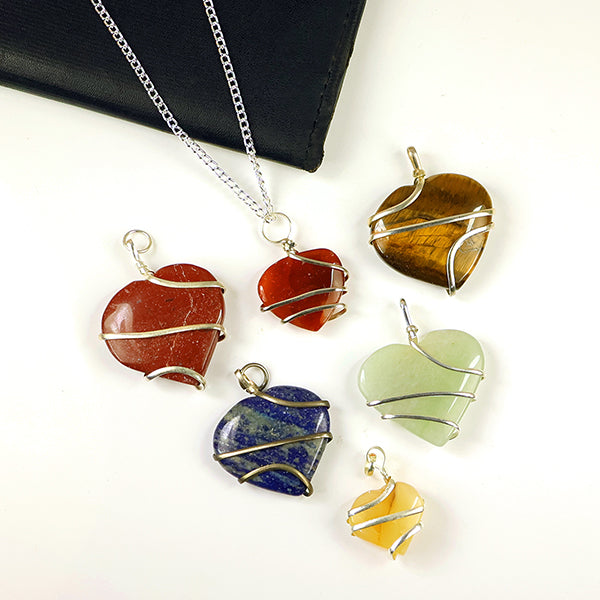 Natural Crystal Stone Wire Wrapped Heart Shape Pendant - Locket Size- 35 mm with Metal Chain