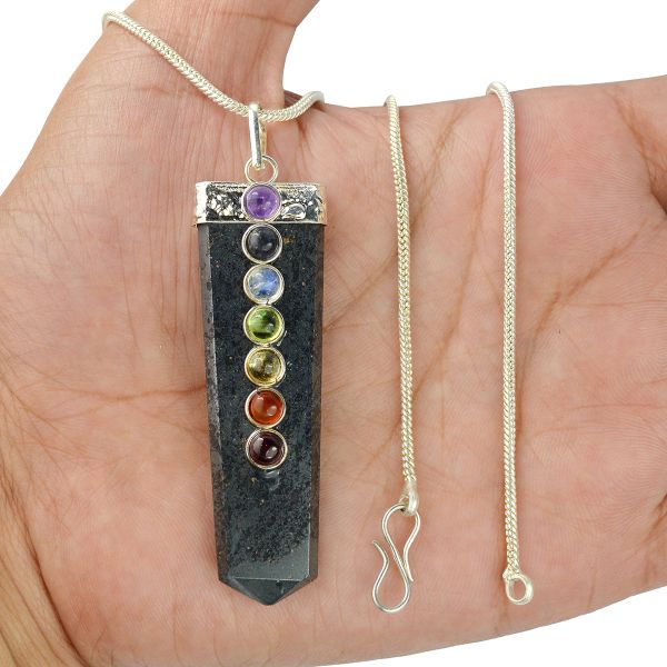Natural Crystal Stone Flat Stick 7 Chakra Beads Pendant Size 45-50 mm with Metal Chain
