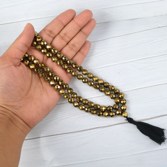 Hematite Golden 8 mm Faceted Bead Mala