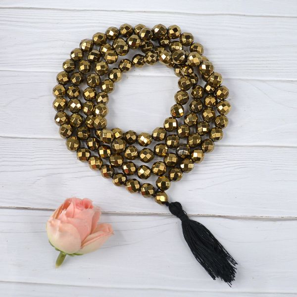 Hematite Golden 8 mm Faceted Bead Mala