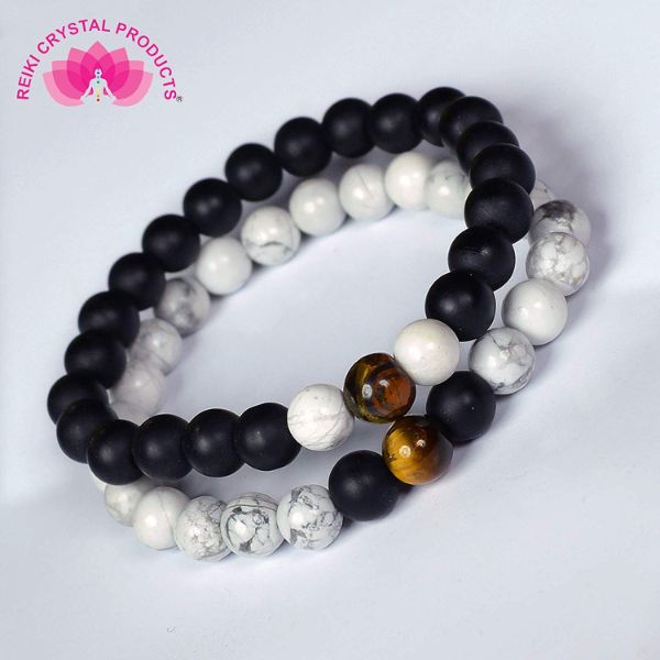 Natural Crystal Stone 8 mm Round Beads Couple Combo Bracelet