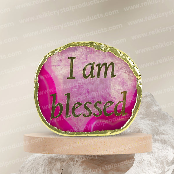 Crystal Stone Agate I am Blessed Sileces & Coaster for Table Decoration
