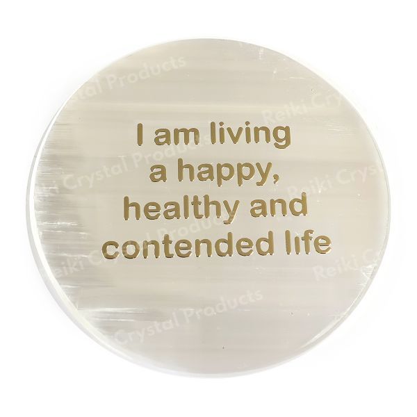 Selenite I am Living Happy Charging Plate for Reiki Crystal Cleansing Size 80 mm