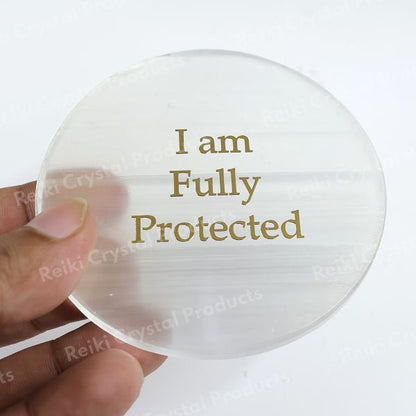 Selenite I am Fully Protected Charging Plate for Reiki Crystal Cleansing Size 7.6 cm (3 inch)