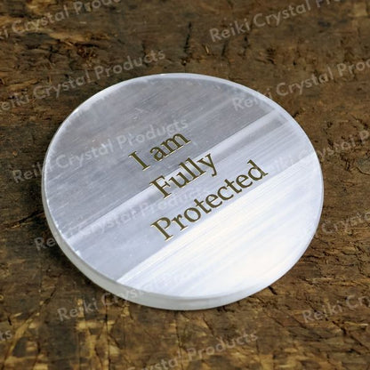 Selenite I am Fully Protected Charging Plate for Reiki Crystal Cleansing Size 7.6 cm (3 inch)