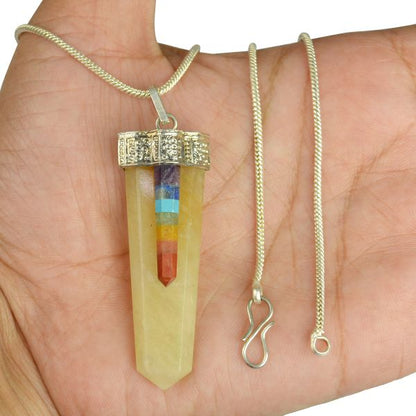 Natural Crystal Stone 7 Chakra Flat Stick Pendant Size 45-50 mm with Metal Chain