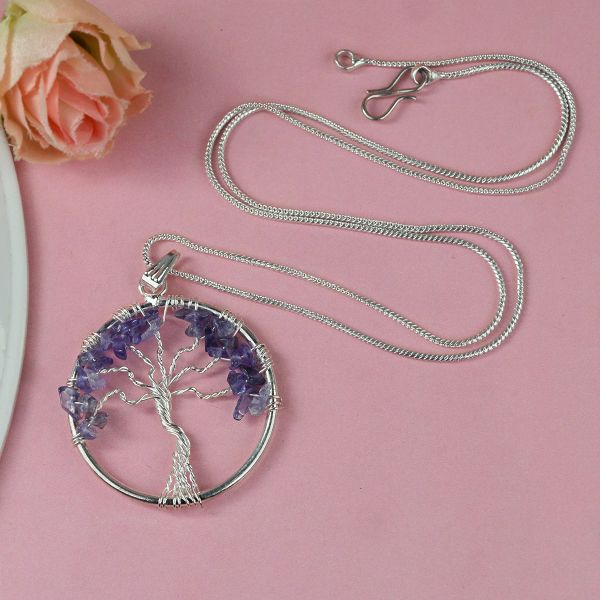 Natural Crystal Stone Tree of Life Pendant Size 35-40 mm with Metal Chain