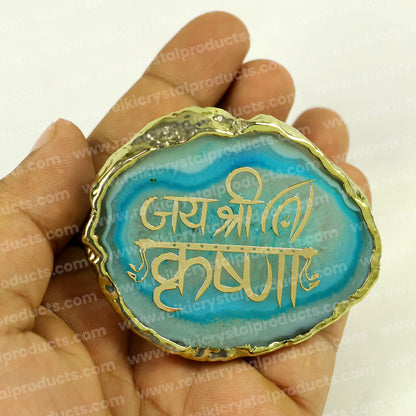 Crystal Stone Agate Jai Shree Krishna Sileces & Coaster for Table Decoration