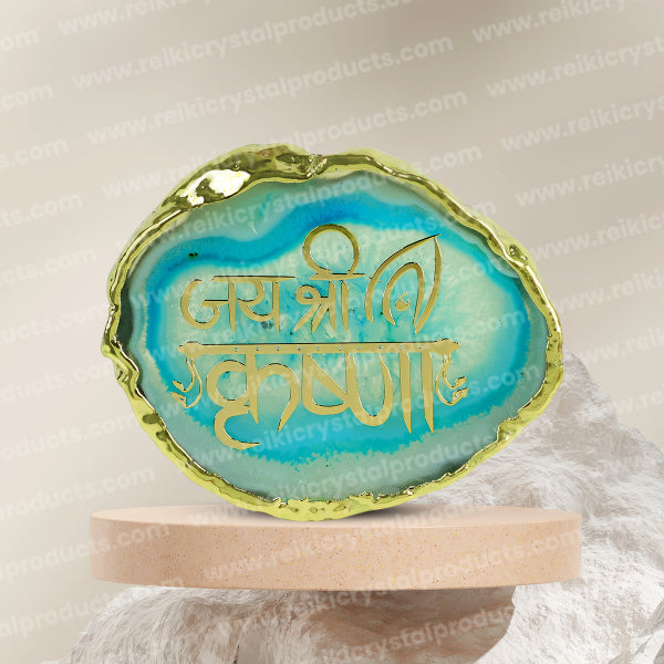Crystal Stone Agate Jai Shree Krishna Sileces & Coaster for Table Decoration
