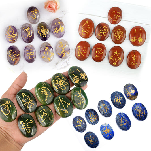 Natural Stone Oval Shape Karuna Reiki Symbol Engraved Set of 9 pcs