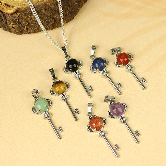 Natural Crystal Stone Key Shape Pendant - Locket with Metal Chain