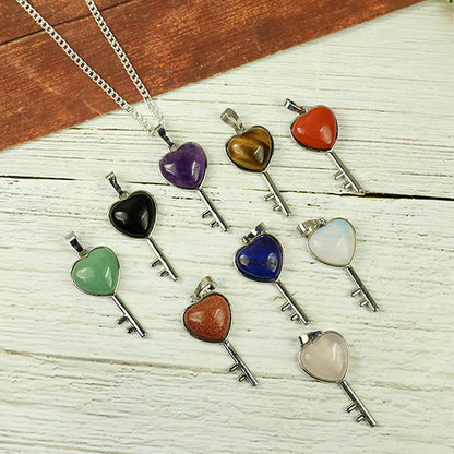 Natural Crystal Stone Heart Key Shape Pendant - Locket with Metal Chain