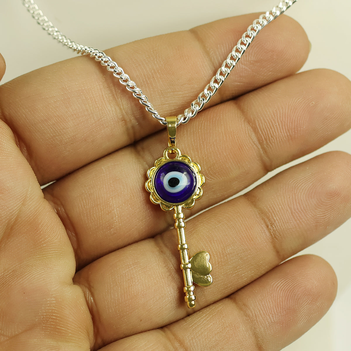 Blue Turkish Evil Eye Key Shape Pendant for Unisex