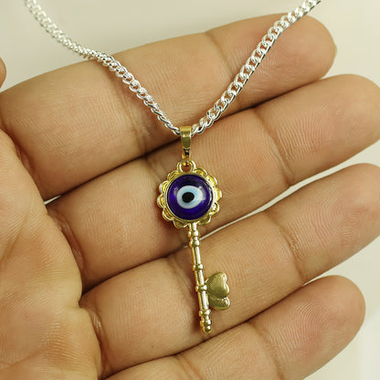 Blue Turkish Evil Eye Key Shape Pendant for Unisex