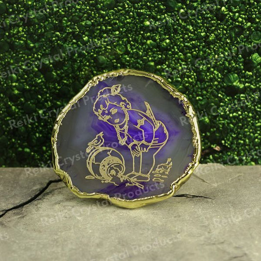 Crystal Stone Agate Krishna with Matki Sileces & Coaster for Table Decoration