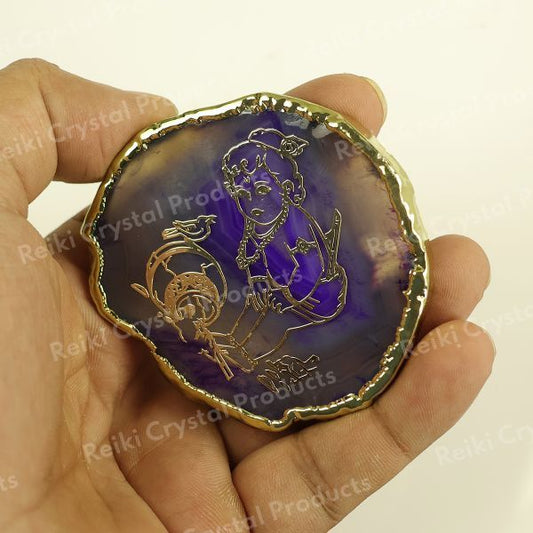 Crystal Stone Agate Krishna with Matki Sileces & Coaster for Table Decoration