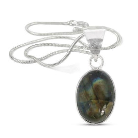 Natural Labradorite Oval Shape Pendant Locket with Metal Chain for Unisex