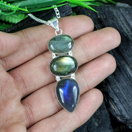 Natural Labradorite Gemstone Pendant/Locket With Metal Chain Crystal Stone Pendant