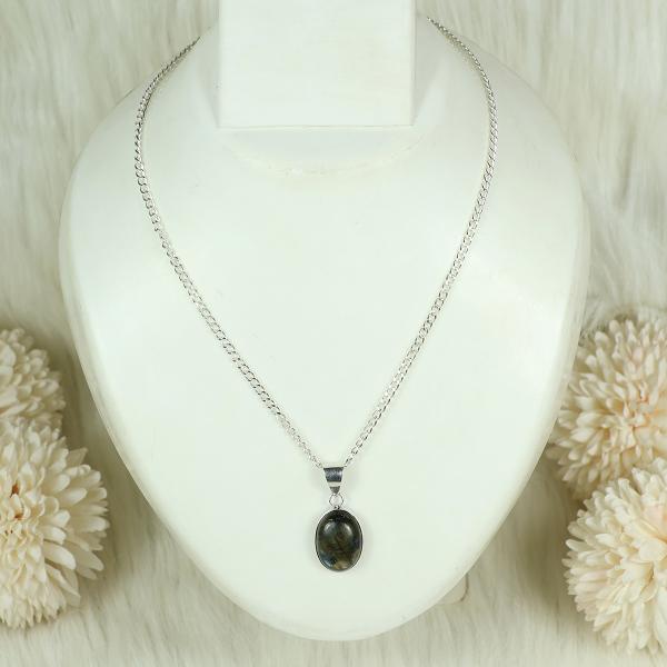 Natural Labradorite Oval Shape Pendant Locket with Metal Chain for Unisex