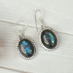 Polished Labradorite Iridescent Crystal Oval Earrings Close View