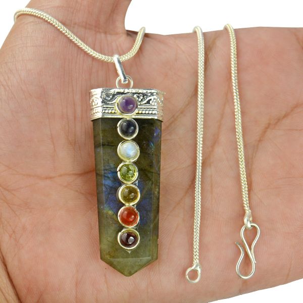 Natural Crystal Stone Flat Stick 7 Chakra Beads Pendant Size 45-50 mm with Metal Chain
