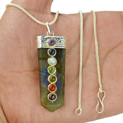 Natural Crystal Stone Flat Stick 7 Chakra Beads Pendant Size 45-50 mm with Metal Chain