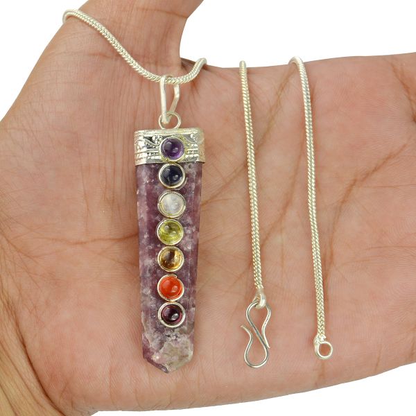 Natural Crystal Stone Flat Stick 7 Chakra Beads Pendant Size 45-50 mm with Metal Chain