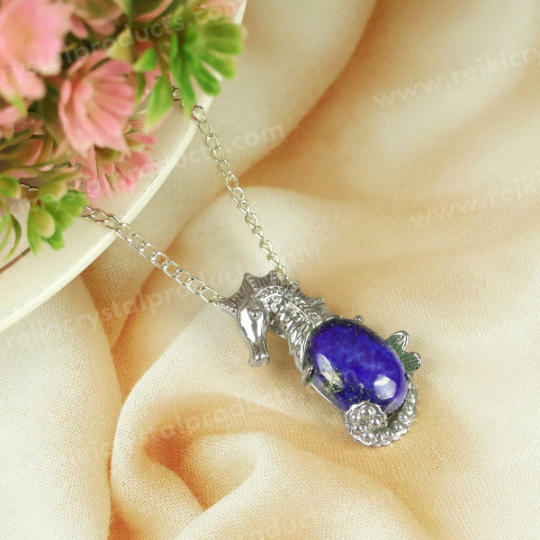 Natural Crystal Stone Seahorse Shape Pendant - Locket with Metal Chain