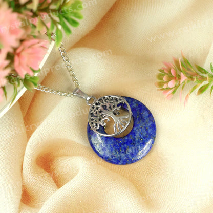 Natural Crystal Stone Tree of Life Charm Pendant - Locket with Metal Chain